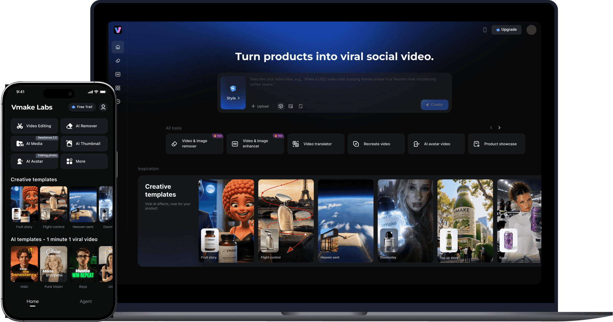 Vmake web workspace on a laptop and mobile app interface